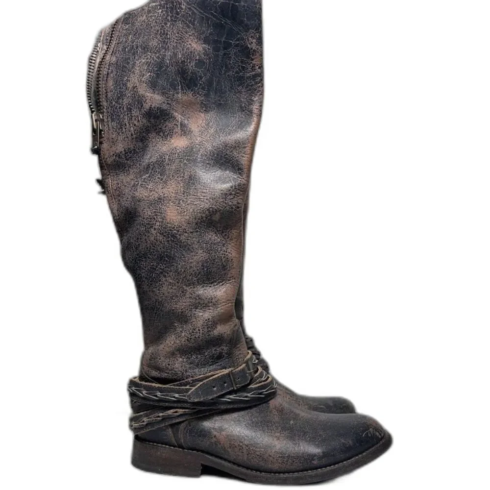 Bed Stu Eva Distressed Tall Riding Boots Size 7 Black Buckle Cobbler Series EUC